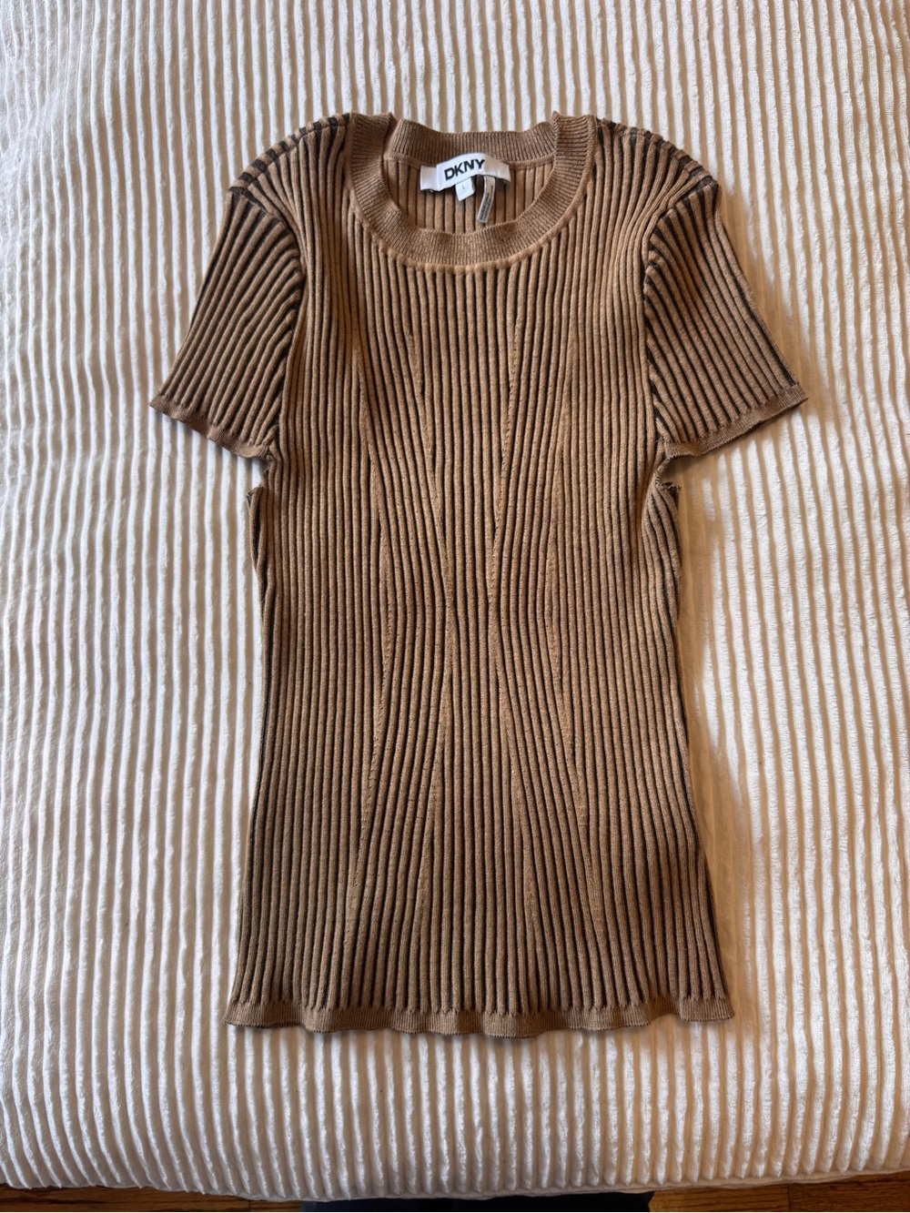 DKNY Ribbed Short-Sleeve Knit Top in Brown